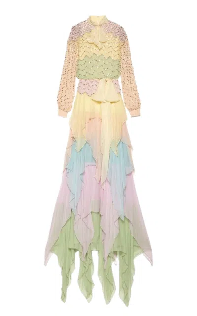 Pre-owned Gucci New  Ruffled Gown Embellished With Pearls Rhinestones - Collectable In Sand