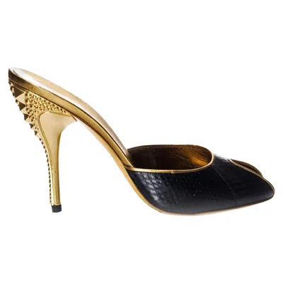 Pre-owned Gucci New  Runway Python Gold Heeled Mules Sz 9.5 In Black