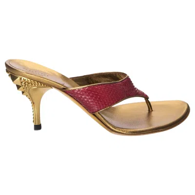 Pre-owned Gucci New  Runway Spring 2005python Snakeskin Gold Heel Mules Sz 6.5 In Brown