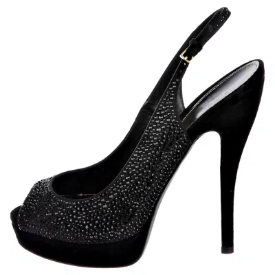Pre-owned Gucci New  Stunning Crystal & Suede Leather Platform Heels Pumps Sz 38.5 In Black