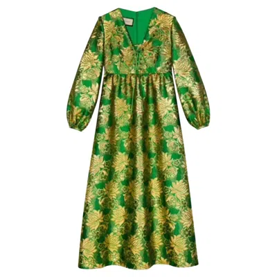 Pre-owned Gucci New  Wool Lamé Floral Jacquard Dress It42 In Green