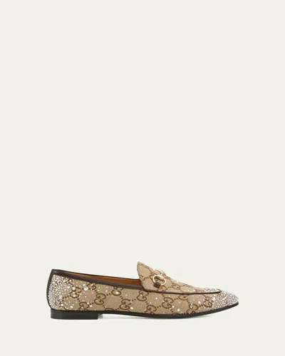 Gucci New Jordaan Gg Crystal Canvas Loafers In Camel Cocoa Crystal