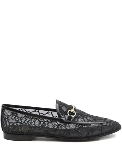 Gucci Almond Toe Mesh Loafers Embellished With Crystals In Black