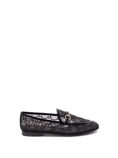 Gucci Almond Toe Mesh Loafers Embellished With Crystals In Black