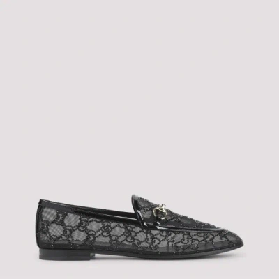 Gucci Almond Toe Mesh Loafers Embellished With Crystals In Black