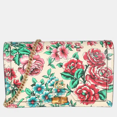 Pre-owned Gucci New Shanghai Floral Calfskin Bamboo Diana Chain Wallet In Multi
