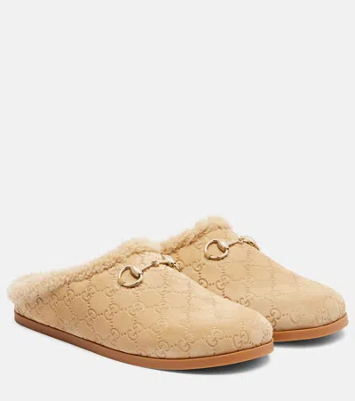 GUCCI NEW SOL SHEARLING-TRIMMED SUEDE CLOGS
