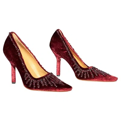 Pre-owned Gucci New Tom Ford For  S/s 1999 Burgundy Velvet Onyx Embellished Pumps 36.5 6.5 In Red