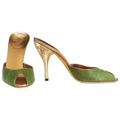 Pre-owned Gucci New Tom Ford For  Studded Green Gold Runway Heels Shoes Slide Us 7.5 & 7