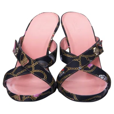 Pre-owned Gucci New Tom Ford For  Vintage Chain Logo Satin Slide Heels Sz 6.5 In Black