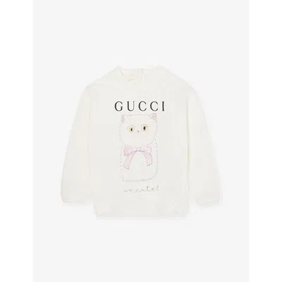 Gucci Babies' Cat-print Round-neck Cotton Sweatshirt 12-36 M In New White/mc