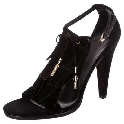 Pre-owned Gucci New With Box  Black Suede & Gold Fringe Heels