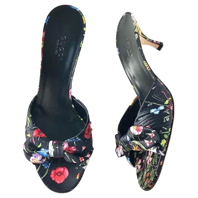 Pre-owned Gucci Nib Vintage  Flora Satin Bow Flower Print Kitten Heel Slip On Mules 6 In Black