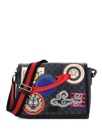 Pre-owned Gucci Night Courrier Flap Messenger Gg Coated Canvas With Applique Large Crossbody Bag In Black