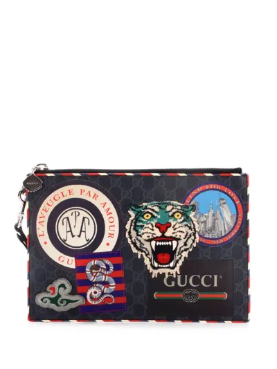 Pre-owned Gucci Night Courrier Pouch Gg Coated Canvas With Applique Clutch Bag In Black