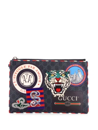 Pre-owned Gucci Night Courrier Pouch Gg Coated Canvas With Applique Clutch Bag In Black