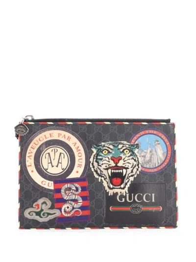 Pre-owned Gucci Night Courrier Pouch Gg Coated Canvas With Applique Clutch Bag In Black
