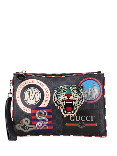 Pre-owned Gucci Night Courrier Pouch Gg Coated Canvas With Applique Clutch Bag In Black