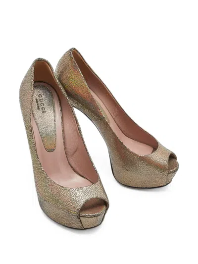 Pre-owned Gucci Nizza Peep-toe Platform Pumps In Gold