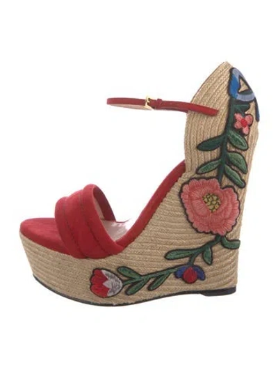 Pre-owned Gucci Nubuck Floral Print Espadrilles In Red