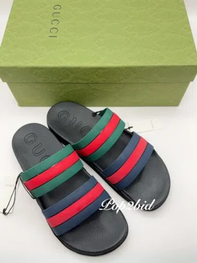 Pre-owned Gucci Nwb Authentic Men's  Double Striped Slide Rubber Sandals Size 10 (us 10.5) In Red/green/blue