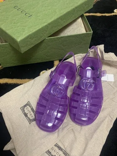 Pre-owned Gucci Nwb  Gg Jelly Slingback Shiny Rubber Sandals Flat Prurple Shoes 38 676970 In Purple