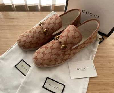 Pre-owned Gucci Nwb  Mens Fria Gg Canvas Horsebit Espadrille Slip On Loafer Shoes Us 8 In Brown
