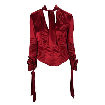 Pre-owned Gucci Nwt F/w 2003  By Tom Ford Deep Red Stretch Satin Quilted Corset Tie Blouse