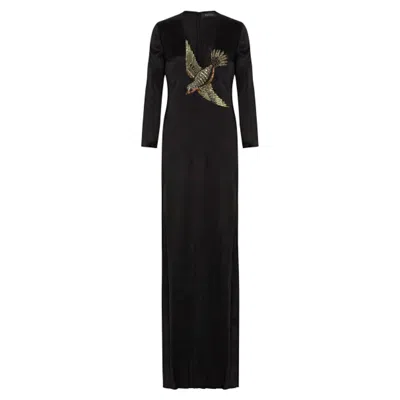 Pre-owned Gucci Nwt  Bird Embellished Crystals Black Silk Satin Dress Gown It. 38 Oversize