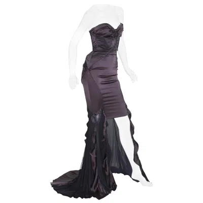 Pre-owned Gucci Nwt  F/w 2005 Silk High-low Cut-out Gunmetal Brown Black Net Dress Gown 40 In Gray