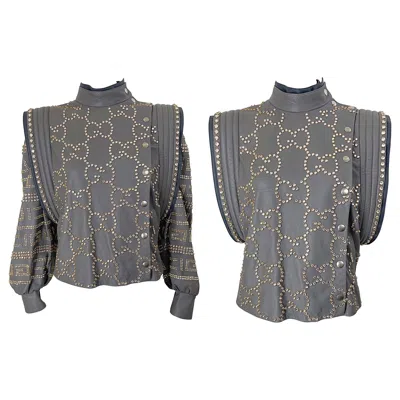 Pre-owned Gucci Nwt  F/w 2018 Runway Gray Sz 40 Leather Studded Rhinestone Jacket Or Vest