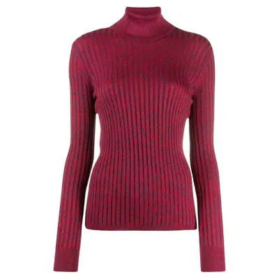 Pre-owned Gucci Nwt  Metallic Silk Blend Rib Turtleneck Sweater In Blue/ Red Size L / 8