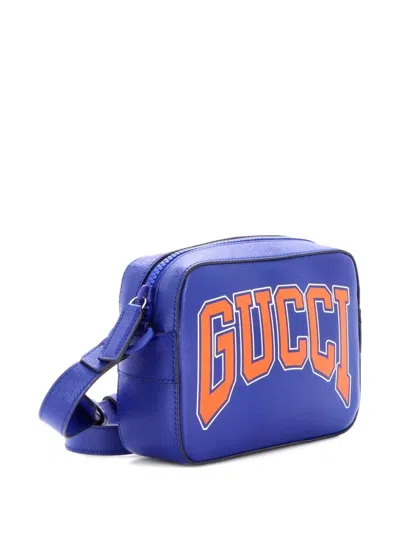Pre-owned Gucci Ny Dragons Camera Crossbody Bag Printed Leather Small Shoulder Bag In Blue