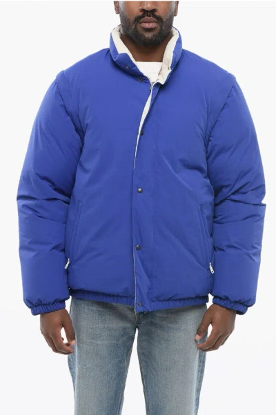 Gucci Nylon Down Jacket With Embroidered Logo And Removable Sleeve In Blue