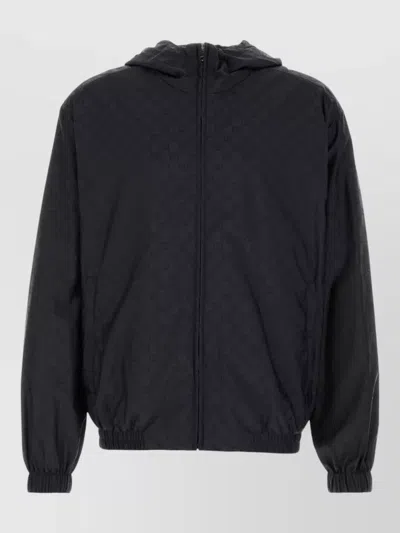 Gucci Nylon Hooded Jacket Embroidered Elastic Cuffs In Black
