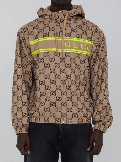 Gucci Nylon Jacket With Gg Print In Beige