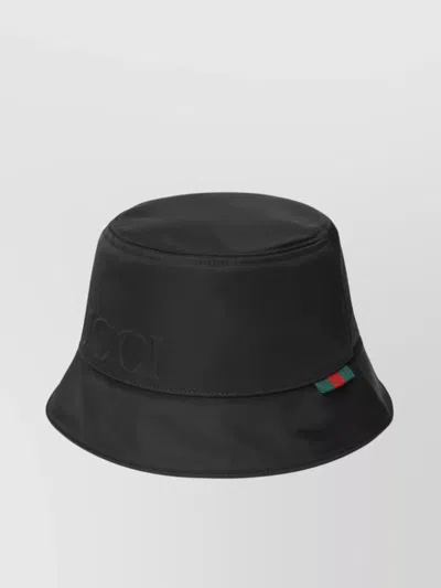 Gucci Nylon Logo Cloche With Stripe And Ribbon In Black