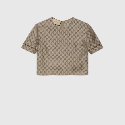 Gucci Oberteil Aus Seide Mit Gg Supreme-print In Camel,ebony