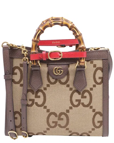 Gucci Ochre Jumbo Gg Canvas & Leather Small Diana Tote (authentic Pre-loved) In Brown