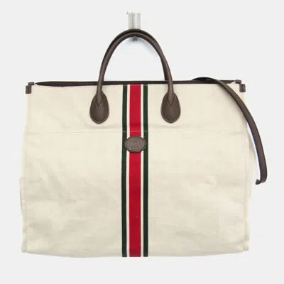 Pre-owned Gucci Off-white Canvas Leather Sherry Line Interlocking G Tote Bag
