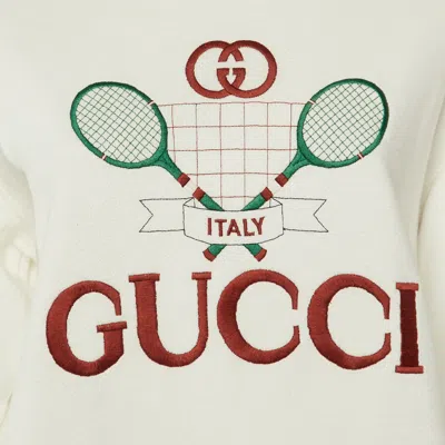 Pre-owned Gucci Off-white Cotton Tennis Embroidered Crew Neck Sweatshirt S