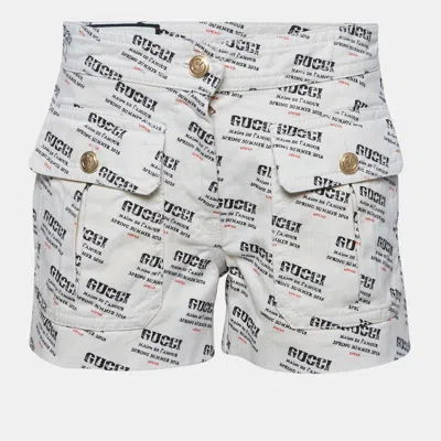 Pre-owned Gucci Off-white Denim Logo Print Short S Waist 26"
