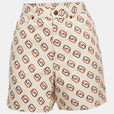 Pre-owned Gucci Off-white Gg Print Denim Shorts S