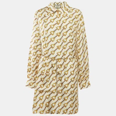 Pre-owned Gucci Off-white Horse-bit Print Silk Button Front Belted Short Dress L