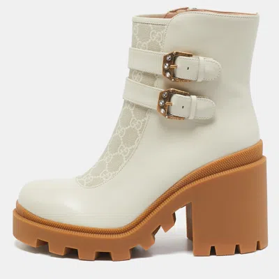 Pre-owned Gucci Off White Leather And Gg Supreme Canvas Kensington Ankle Boots Size 42