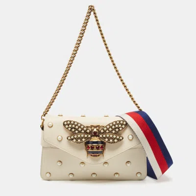 Pre-owned Gucci Off White Leather Broadway Pearly Bee Shoulder Bag