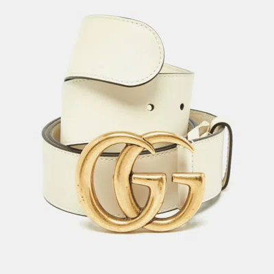 Pre-owned Gucci Off White Leather Gg Marmont Buckle Belt 95cm