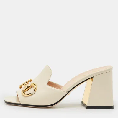 Pre-owned Gucci Off White Leather Horsebit Block Heel Slide Sandals Size 37