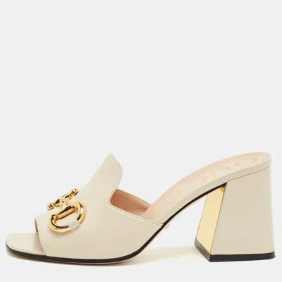 Pre-owned Gucci Off White Leather Horsebit Block Heel Slide Sandals Size 38