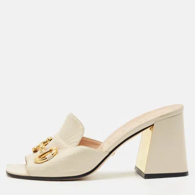 Pre-owned Gucci Off White Leather Horsebit Block Heel Slide Sandals Size 39